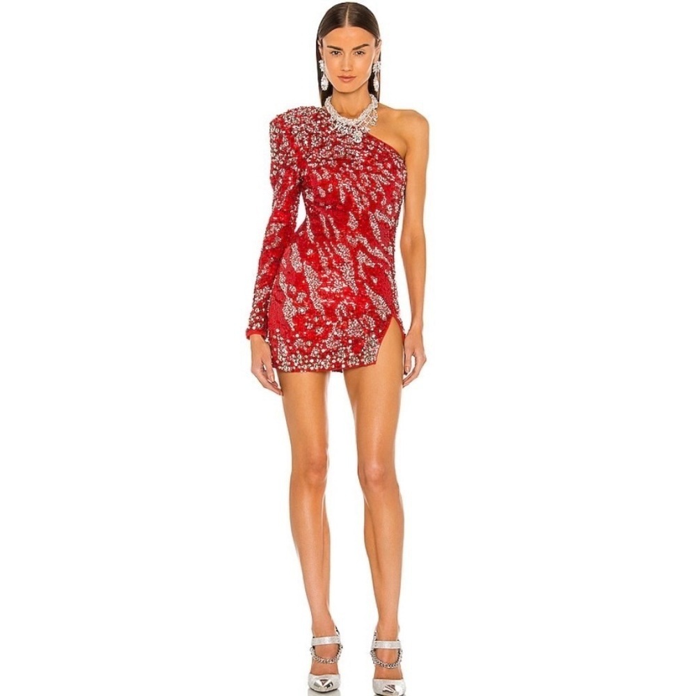 Dundas x Revolve Jett Sequin Embellished One-Shoulder Mini Dress in Red, Small